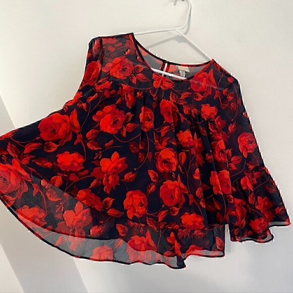 A NEW DAY Tiered Floral Blouse Navy Blue Red 3/4 Bell Sleeve Sheer / Lined Boho - Picture 9 of 12
